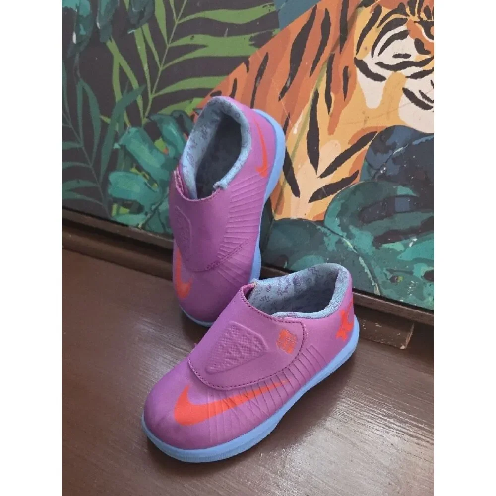 Nike KD Kids Purple Slip-On Sneakers with Orange Swoosh and Light Blue Sole
